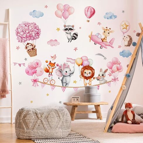 Pink Animal Hot Air Balloon Wall Decals, Lion, Fox, Elephant, Rabbit，Flowers，Balloons Wall Stickers Baby Nursery Bedroom Girls Toddler Pink Room Peel and Stick. in Kuwait