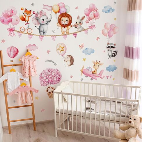 Pink Animal Hot Air Balloon Wall Decals, Lion, Fox, Elephant, Rabbit，Flowers，Balloons Wall Stickers Baby Nursery Bedroom Girls Toddler Pink Room Peel and Stick. in Kuwait