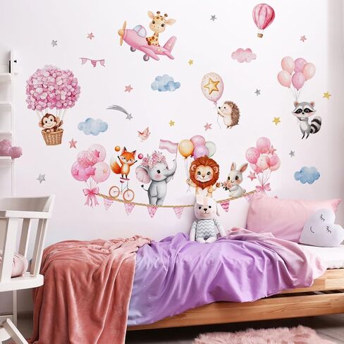 Pink Animal Hot Air Balloon Wall Decals, Lion, Fox, Elephant, Rabbit，Flowers，Balloons Wall Stickers Baby Nursery Bedroom Girls Toddler Pink Room Peel and Stick. in Kuwait