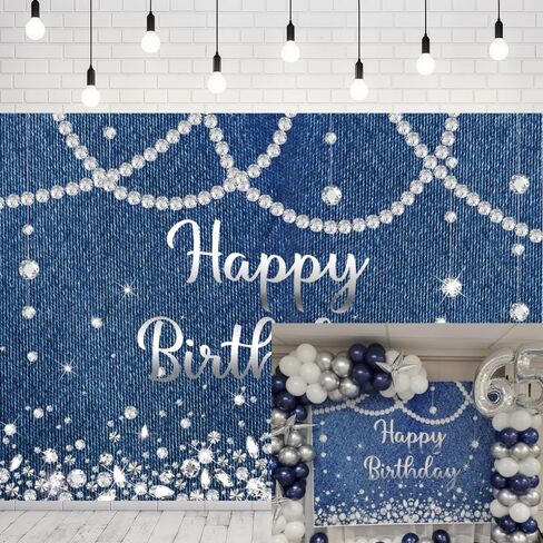 INRUI Denim and Diamonds Happy Birthday Photography Backdrop Glitter Diamonds Baby Shower Woman Anniversary Party Decoration (7x5FT) in Saudi Arabia