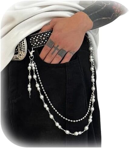 Gothic Bead Hip Hop Pants Chain for Men,Punk Pants Chain Belt Chain Wallet Chain Pocket Chain Layered Pearl Bead Keychains Trouser Chain Jeans Chain for Women Men in Kuwait