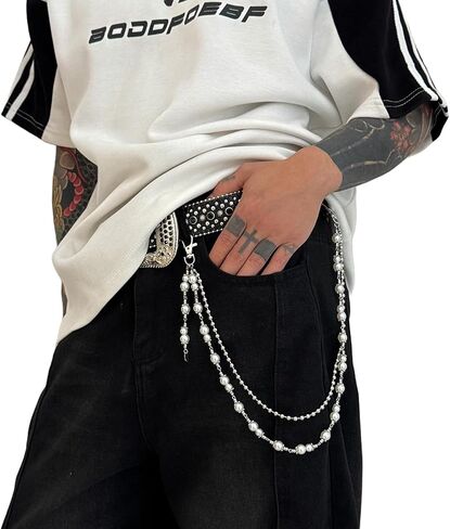 Gothic Bead Hip Hop Pants Chain for Men,Punk Pants Chain Belt Chain Wallet Chain Pocket Chain Layered Pearl Bead Keychains Trouser Chain Jeans Chain for Women Men in Kuwait