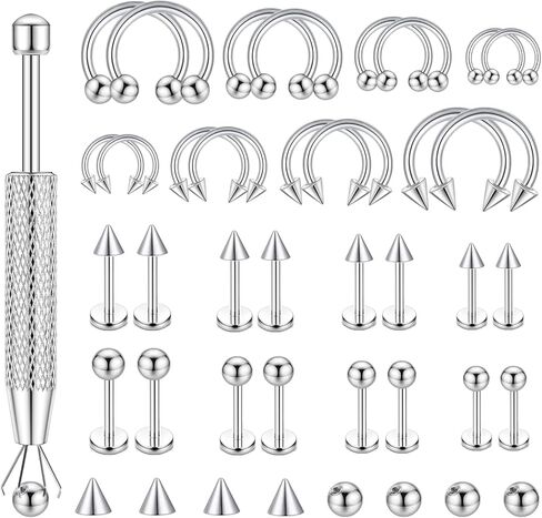 32PCS Lip Piercing Jewelry Set - Lip Rings, Horseshoe Nose Ring for Labret/Snake Bite/Septum, Cartilage Conch Tragus Helix in Kuwait
