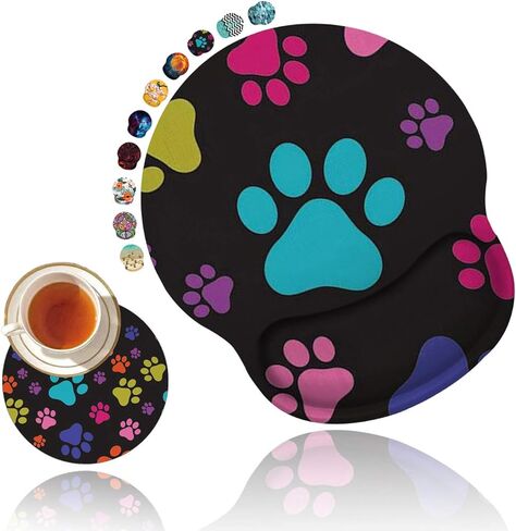Ergonomic Mouse Pad with Gel Wrist Rest Support, Non Slip PU Base Mouse Pad Wrist Rest for Computer, Laptop, Home Office Gaming, Easy Typing & Pain Relief Colorful Dog Footprints + Cup Coaster in Kuwait