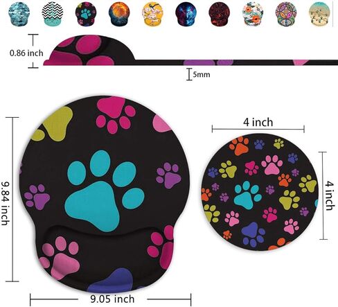 Ergonomic Mouse Pad with Gel Wrist Rest Support, Non Slip PU Base Mouse Pad Wrist Rest for Computer, Laptop, Home Office Gaming, Easy Typing & Pain Relief Colorful Dog Footprints + Cup Coaster in Kuwait