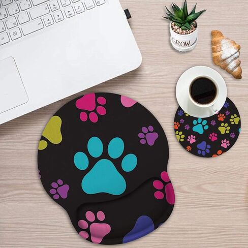 Ergonomic Mouse Pad with Gel Wrist Rest Support, Non Slip PU Base Mouse Pad Wrist Rest for Computer, Laptop, Home Office Gaming, Easy Typing & Pain Relief Colorful Dog Footprints + Cup Coaster in Kuwait