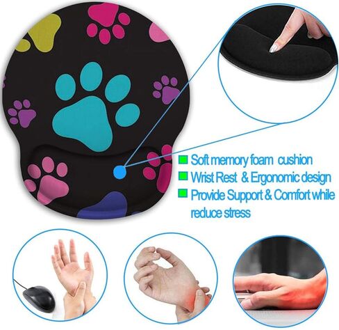 Ergonomic Mouse Pad with Gel Wrist Rest Support, Non Slip PU Base Mouse Pad Wrist Rest for Computer, Laptop, Home Office Gaming, Easy Typing & Pain Relief Colorful Dog Footprints + Cup Coaster in Kuwait