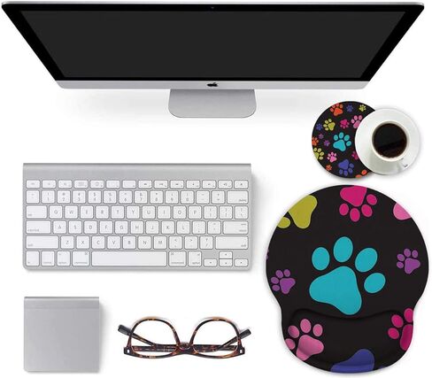 Ergonomic Mouse Pad with Gel Wrist Rest Support, Non Slip PU Base Mouse Pad Wrist Rest for Computer, Laptop, Home Office Gaming, Easy Typing & Pain Relief Colorful Dog Footprints + Cup Coaster in Kuwait
