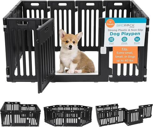 BIRDROCK HOME Dog Playpen w/Door, 12 Panel, 25.6in H | Strong Plastic, Non-Slip Puppy Playpen, Secure Pet Gate | Indoor Outdoor Fence | Configurable Panels | Small to Medium Pets - White in Kuwait