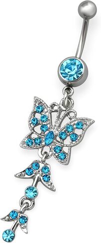 ICYROSE 316L Surgical Grade Stainless Steel Dangling Aqua Blue Crystal Butterfly Belly Button Body Barbell Jewelry 32655 in Saudi Arabia