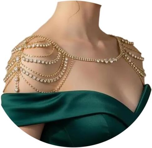 Sexy Multi-layered Rhinestone Tassel Shoulder Chain Jewelry Gold Crystal Body Chain Festival Rave Wedding Shoulder Jewelry for Women Festival Outfit in Kuwait