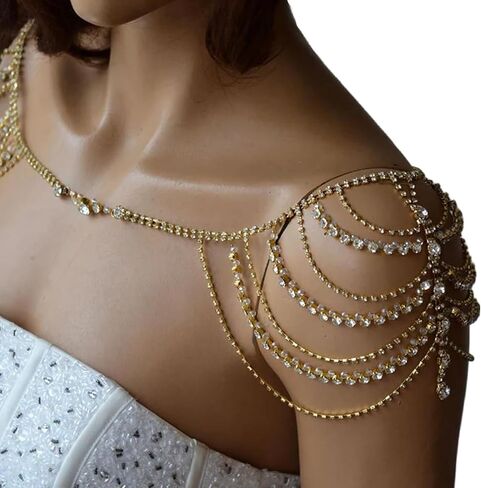 Sexy Multi-layered Rhinestone Tassel Shoulder Chain Jewelry Gold Crystal Body Chain Festival Rave Wedding Shoulder Jewelry for Women Festival Outfit in Kuwait