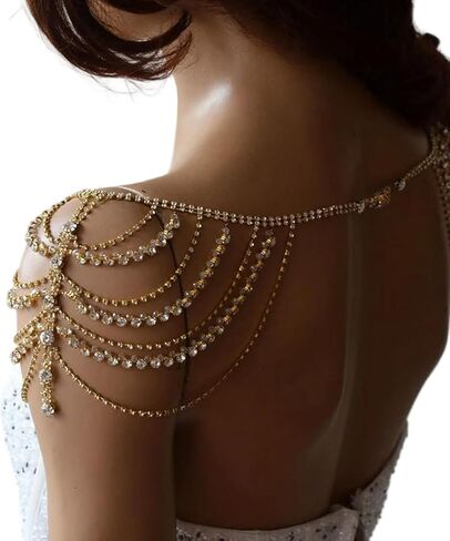 Sexy Multi-layered Rhinestone Tassel Shoulder Chain Jewelry Gold Crystal Body Chain Festival Rave Wedding Shoulder Jewelry for Women Festival Outfit in Kuwait