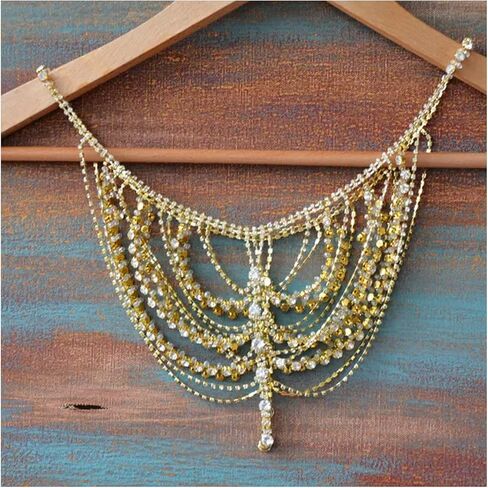 Sexy Multi-layered Rhinestone Tassel Shoulder Chain Jewelry Gold Crystal Body Chain Festival Rave Wedding Shoulder Jewelry for Women Festival Outfit in Kuwait