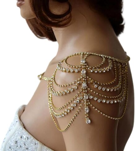 Sexy Multi-layered Rhinestone Tassel Shoulder Chain Jewelry Gold Crystal Body Chain Festival Rave Wedding Shoulder Jewelry for Women Festival Outfit in Kuwait
