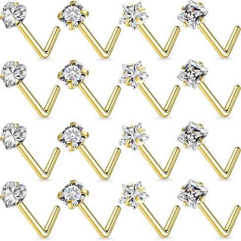 18G 20G Nose Rings Studs for Women Stainless Surgical Steel Corkscrew Straight L Shaped Nose Rings Studs Round Heart Squaer Star Clear CZ Nostril Piercing Jewelry for Women Men Silver Gold in Kuwait