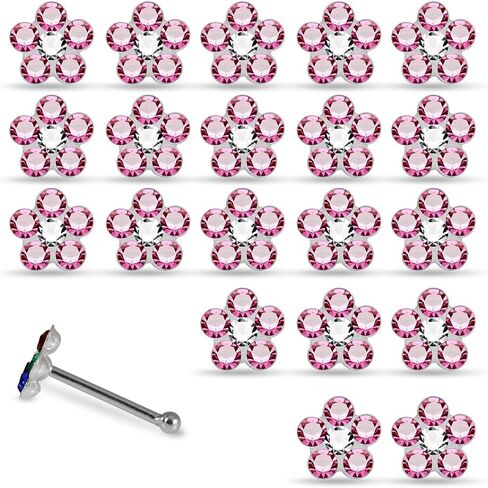 20 Pieces Box Set Multi Crystal Stones Flower Design 22 Gauge 925 Sterling Silver Ball End Nose Pin - Nose Stud - Tiny Nose Ring - Nose Piercing Body Jewelry in Saudi Arabia