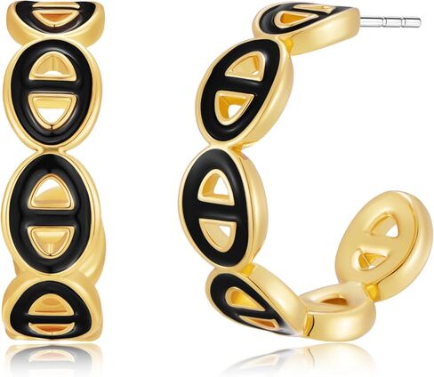 14K Gold Plated Mariner Link Hoop Earrings for Women - Black Enamel Chunky Chain C-Hoops, Hypoallergenic Trendy Gold Statement Jewelry Gift in Kuwait