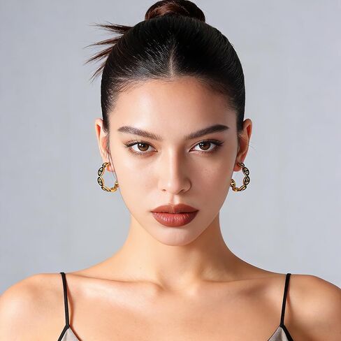 14K Gold Plated Mariner Link Hoop Earrings for Women - Black Enamel Chunky Chain C-Hoops, Hypoallergenic Trendy Gold Statement Jewelry Gift in Kuwait