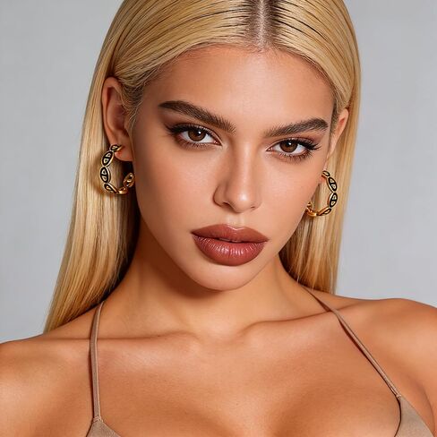 14K Gold Plated Mariner Link Hoop Earrings for Women - Black Enamel Chunky Chain C-Hoops, Hypoallergenic Trendy Gold Statement Jewelry Gift in Kuwait