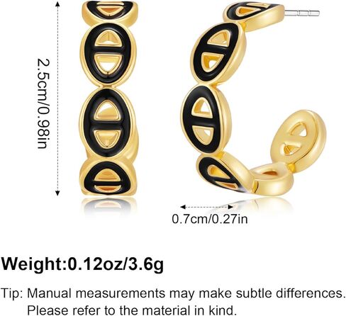 14K Gold Plated Mariner Link Hoop Earrings for Women - Black Enamel Chunky Chain C-Hoops, Hypoallergenic Trendy Gold Statement Jewelry Gift in Kuwait