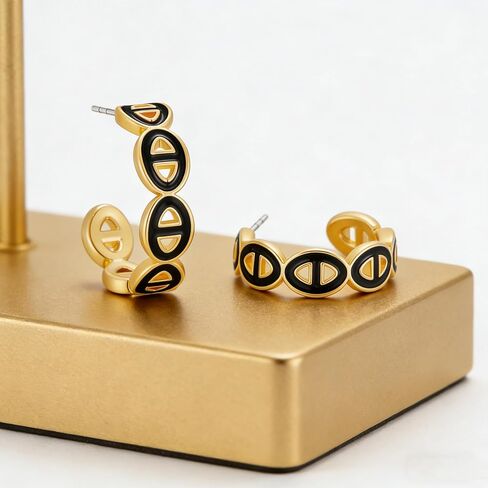 14K Gold Plated Mariner Link Hoop Earrings for Women - Black Enamel Chunky Chain C-Hoops, Hypoallergenic Trendy Gold Statement Jewelry Gift in Kuwait