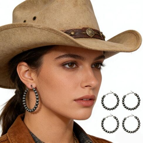 3 Pairs Navajo Hoop Pearl Earrings,Western Jewelry for Women,Cowgirl Vintage Beaded Pearl Earrings,Western Hoop Earrings for Cowgirl,Jewelry Gift for Women in Kuwait