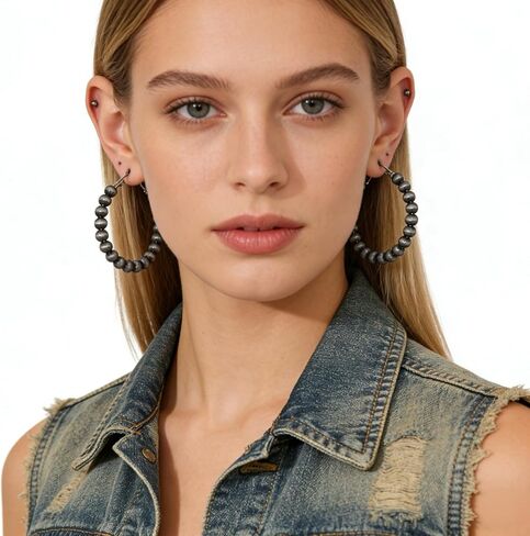 3 Pairs Navajo Hoop Pearl Earrings,Western Jewelry for Women,Cowgirl Vintage Beaded Pearl Earrings,Western Hoop Earrings for Cowgirl,Jewelry Gift for Women in Kuwait