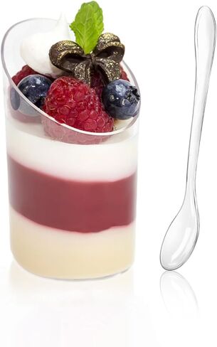 TOFLEN 50 Pack Mini Dessert Cups with Spoons - 2.2 oz Clear Plastic Parfait Cups Reusable Party Serving Cups for Appetizers - Round Slanted Dessert Shot Glasses in Kuwait