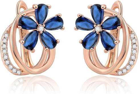 Hypoallergenic Blue Sapphire Flower Hoop Earrings for Women | Rose Gold Plated Floral Jewelry | Flower Navy Blue Birthstone-Like Earrings for Weddings, Sensitive Ears & Daily Luxury in Kuwait