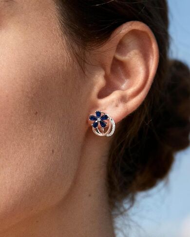Hypoallergenic Blue Sapphire Flower Hoop Earrings for Women | Rose Gold Plated Floral Jewelry | Flower Navy Blue Birthstone-Like Earrings for Weddings, Sensitive Ears & Daily Luxury in Kuwait