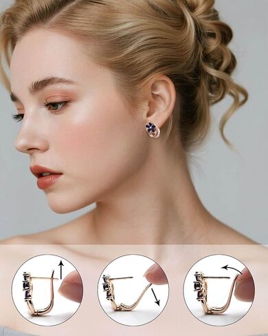 Hypoallergenic Blue Sapphire Flower Hoop Earrings for Women | Rose Gold Plated Floral Jewelry | Flower Navy Blue Birthstone-Like Earrings for Weddings, Sensitive Ears & Daily Luxury in Kuwait