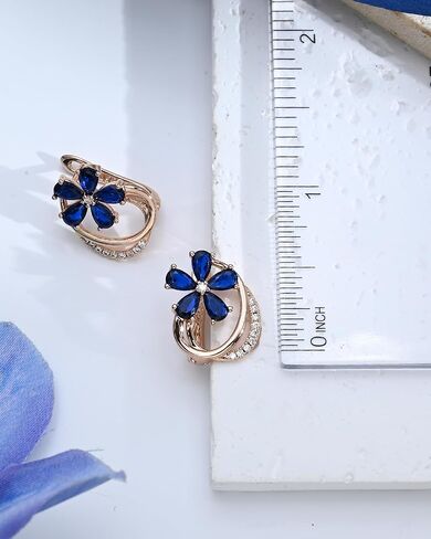 Hypoallergenic Blue Sapphire Flower Hoop Earrings for Women | Rose Gold Plated Floral Jewelry | Flower Navy Blue Birthstone-Like Earrings for Weddings, Sensitive Ears & Daily Luxury in Kuwait