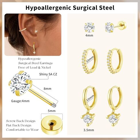 adoyi الذهب هوب الأقراط للنساء الأقراط الفولاذ الجراحية شقة الظهر ترصيع الأطواق الصغيرة للآذان الحساسة هيبوالرجينيك 14k الذهب مطلي القرط الغضروف لهدايا المجوهرات خفيفة الوزن in Kuwait