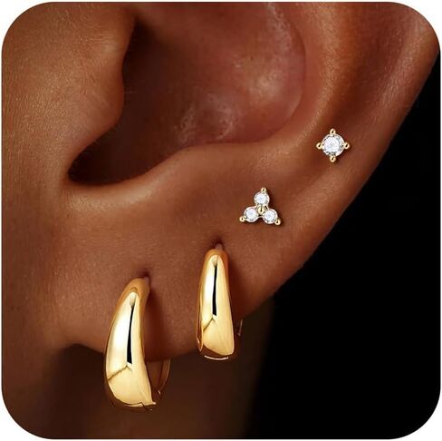 M MOOHAM Gold Hoop Stud Earrings Set for Women, Flat Back Studs Earrings Hypoallergenic 14K Gold Plated Cartilage Earring Lightweight Chunky Huggie Hoop Earring Stacks for Women Jewelry Gifts in Kuwait