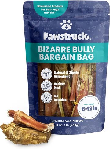 Pawstruck Natural Bizarre Bully Sticks Bargain Bag for Dogs and Puppies – Variety Pack of 5–7" Long-Lasting, Eco-Conscious Beef Chew Treats – 8 oz Bag – Packaging May Vary in Saudi Arabia