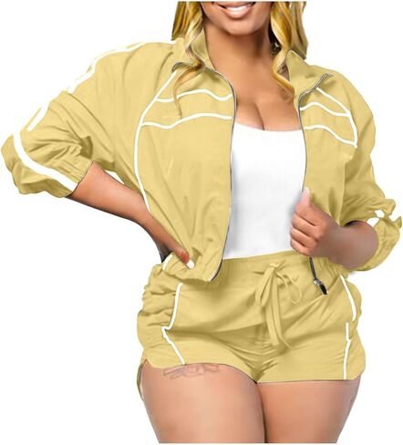 Athletic Outfits for Women 2 Piece Long Sleeve Full Zip Up Spring Jacket and Shorts Matching Comfy Set Loose Casual 2026 in Saudi Arabia
