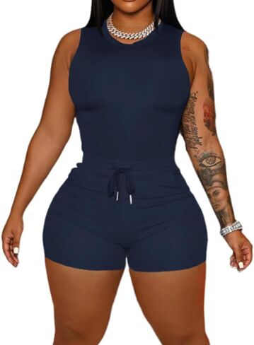 HBQ Women 2 Piece Outfits Sleeveless Tank Tops Biker Short Workout Jogger Sets Summer Dark Blue L in Kuwait