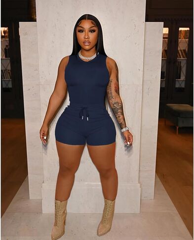 HBQ Women 2 Piece Outfits Sleeveless Tank Tops Biker Short Workout Jogger Sets Summer Dark Blue L in Kuwait