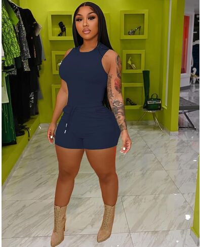 HBQ Women 2 Piece Outfits Sleeveless Tank Tops Biker Short Workout Jogger Sets Summer Dark Blue L in Kuwait