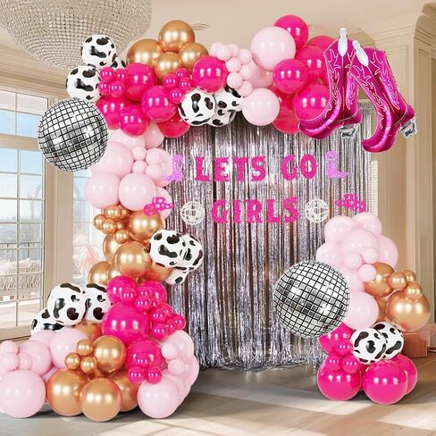 Pink & Rose Gold Cow Print Balloon Arch, Disco Boot Foil Balloons, 111Pcs Cowgirl Bachelorette Party Decorations Kit - 'Lets Go Girls' Banner - Perfect for Last Rodeo, Western, & Bachelorette Parties in Kuwait