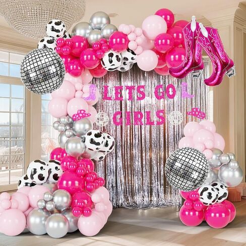 Pink & Rose Gold Cow Print Balloon Arch, Disco Boot Foil Balloons, 111Pcs Cowgirl Bachelorette Party Decorations Kit - 'Lets Go Girls' Banner - Perfect for Last Rodeo, Western, & Bachelorette Parties in Saudi Arabia