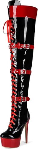 Frankie Hsu Sexy Stiletto Platform High Heel Over The Knee Long Boots, Black Red Patent Ribbon Belt Adjustable Calf Thigh Big Large Size US5-19 Shoes For Women Men in Kuwait