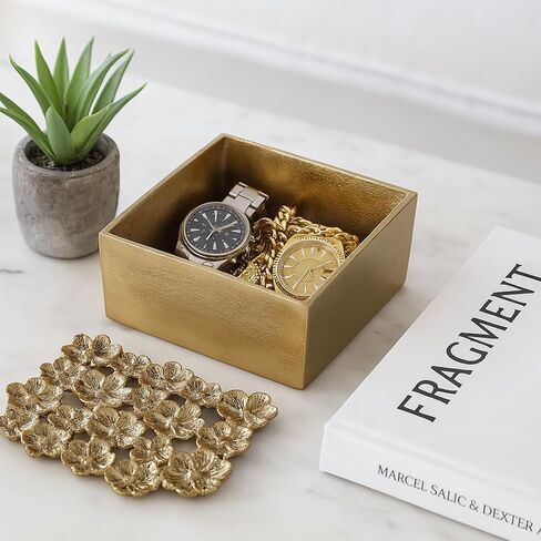 Decorative Box with Lid for Home Decor – Sculptural Jewelry Box and Storage Organizer with Textured Flower Accent for Keepsakes – Perfect Accent for Entryway, Shelf, or Coffee Table – 4" Gold in Kuwait