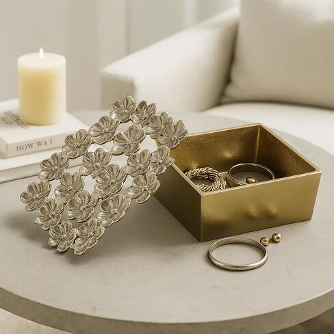 Decorative Box with Lid for Home Decor – Sculptural Jewelry Box and Storage Organizer with Textured Flower Accent for Keepsakes – Perfect Accent for Entryway, Shelf, or Coffee Table – 4" Gold in Kuwait