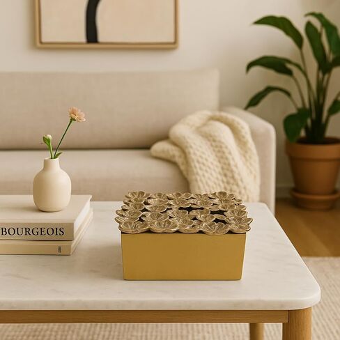Decorative Box with Lid for Home Decor – Sculptural Jewelry Box and Storage Organizer with Textured Flower Accent for Keepsakes – Perfect Accent for Entryway, Shelf, or Coffee Table – 4" Gold in Kuwait