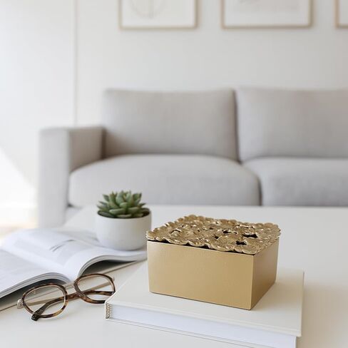 Decorative Box with Lid for Home Decor – Sculptural Jewelry Box and Storage Organizer with Textured Flower Accent for Keepsakes – Perfect Accent for Entryway, Shelf, or Coffee Table – 4" Gold in Kuwait