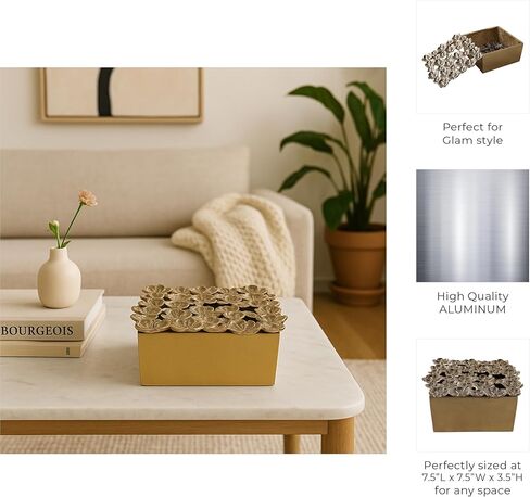 Decorative Box with Lid for Home Decor – Sculptural Jewelry Box and Storage Organizer with Textured Flower Accent for Keepsakes – Perfect Accent for Entryway, Shelf, or Coffee Table – 4" Gold in Kuwait