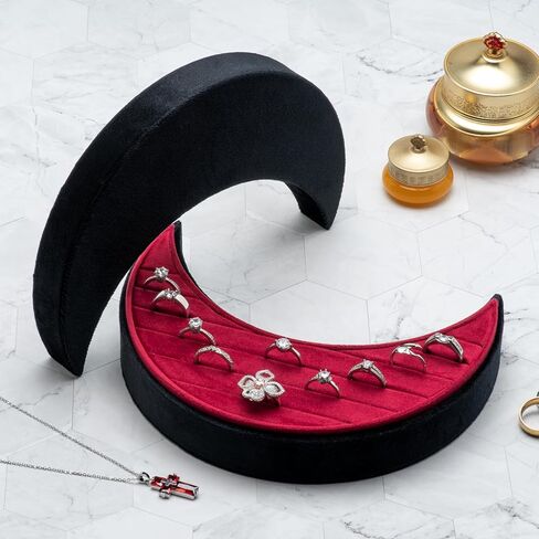 علبة منظم حلقات متعددة مخملية، صينية عرض على شكل هلال وقمر، صندوق مجوهرات، حامل أقراط لحفلات الزفاف، عيد الميلاد، عيد الميلاد (أسود وأحمر) in Kuwait