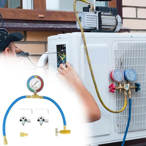 طقم خرطوم إعادة شحن الثلاجة QWORK R134A مع مقياس، صمام ثقب، محول ذاتي الغلق، مقياس خرطوم شحن المبرد in Saudi Arabia